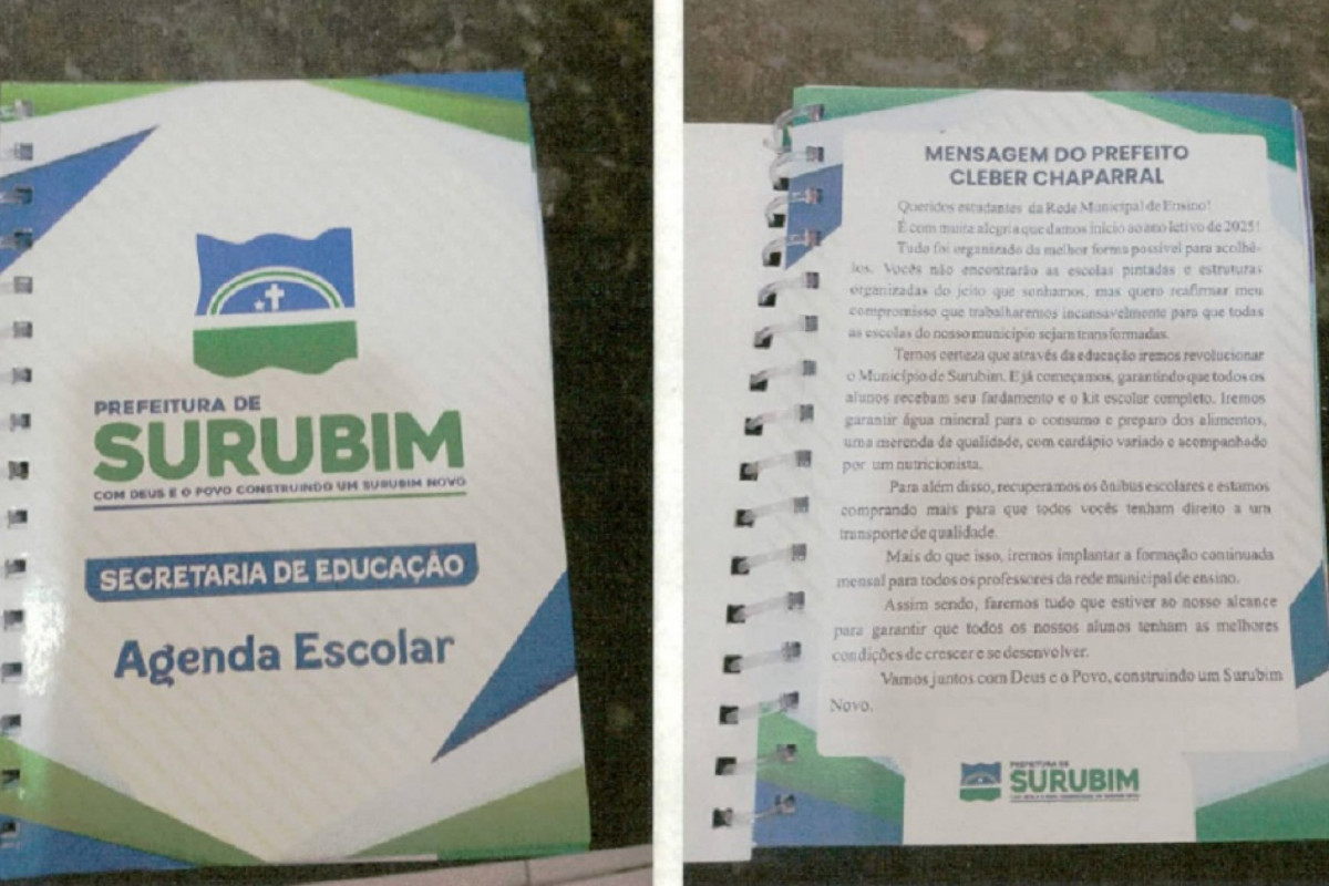 Página com mensagem pessoal do prefeito foi impressa nas agendas escolares/Reprodução Página com mensagem pessoal do prefeito foi impressa nas agendas escolares/Reprodução