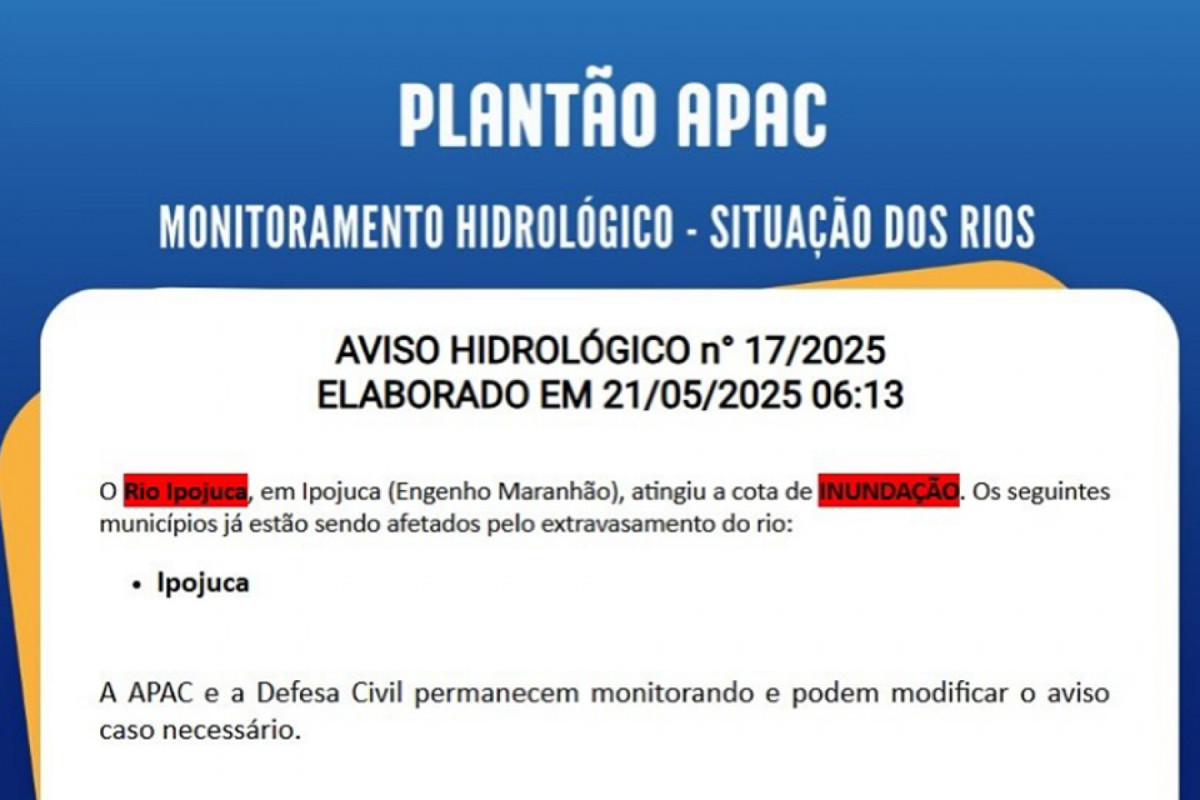 Alerta de transbordamento Rio Ipojuca (Reprodução/Apac) Alerta de transbordamento Rio Ipojuca/Reprodução/Apac