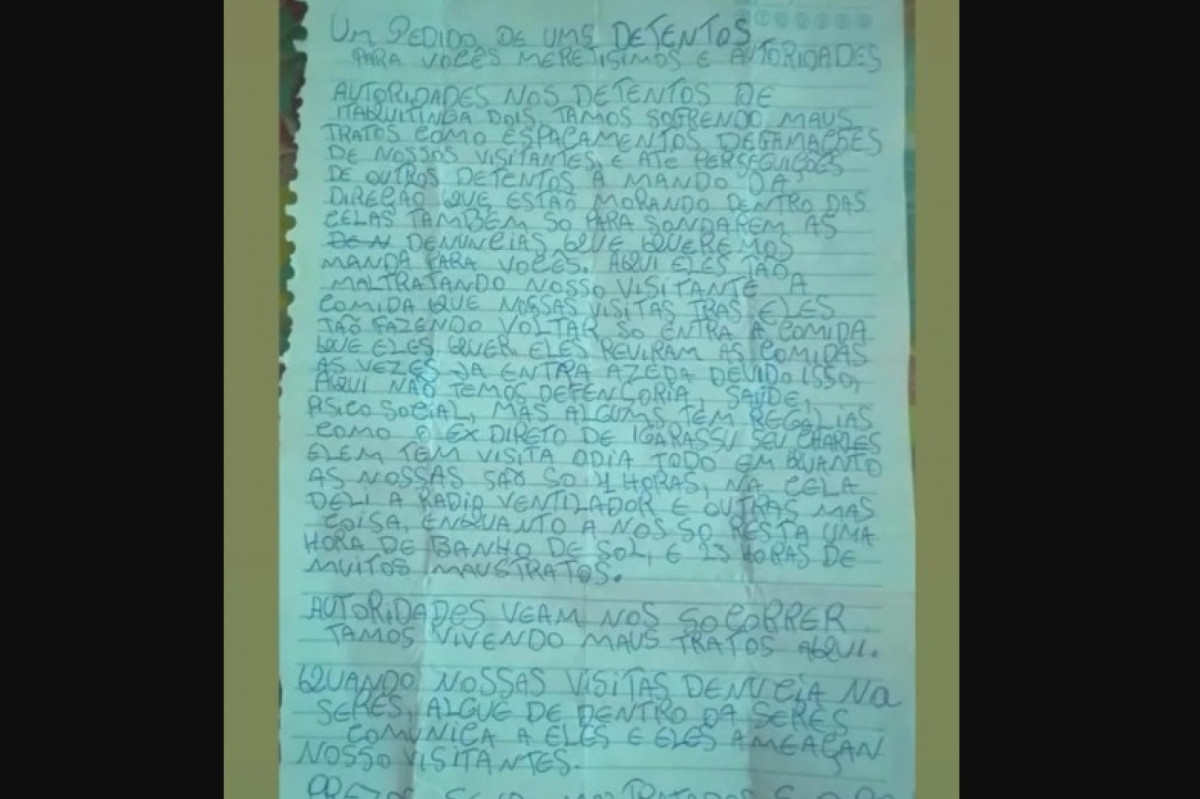 Carta atribuída a detentos da Penitenciária de Itaquitinga.