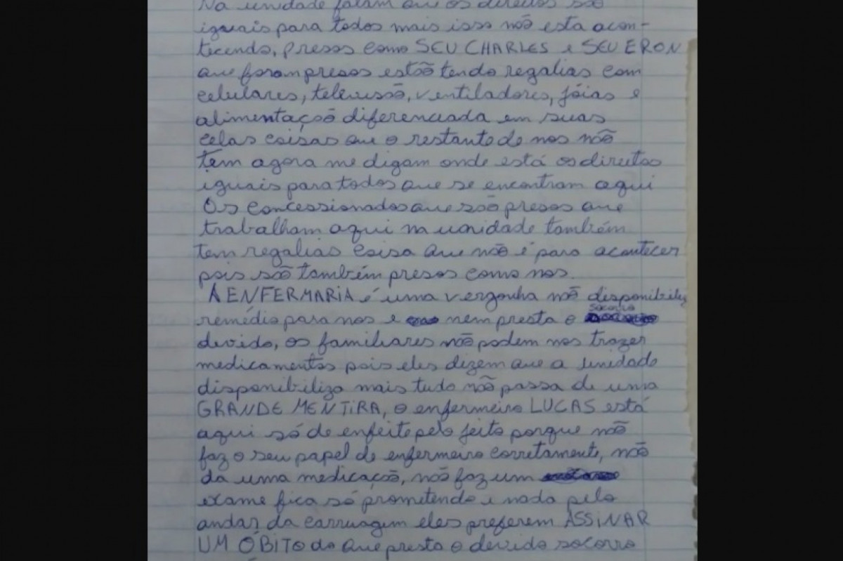 Carta atribuída a detentos da Penitenciária de Itaquitinga.