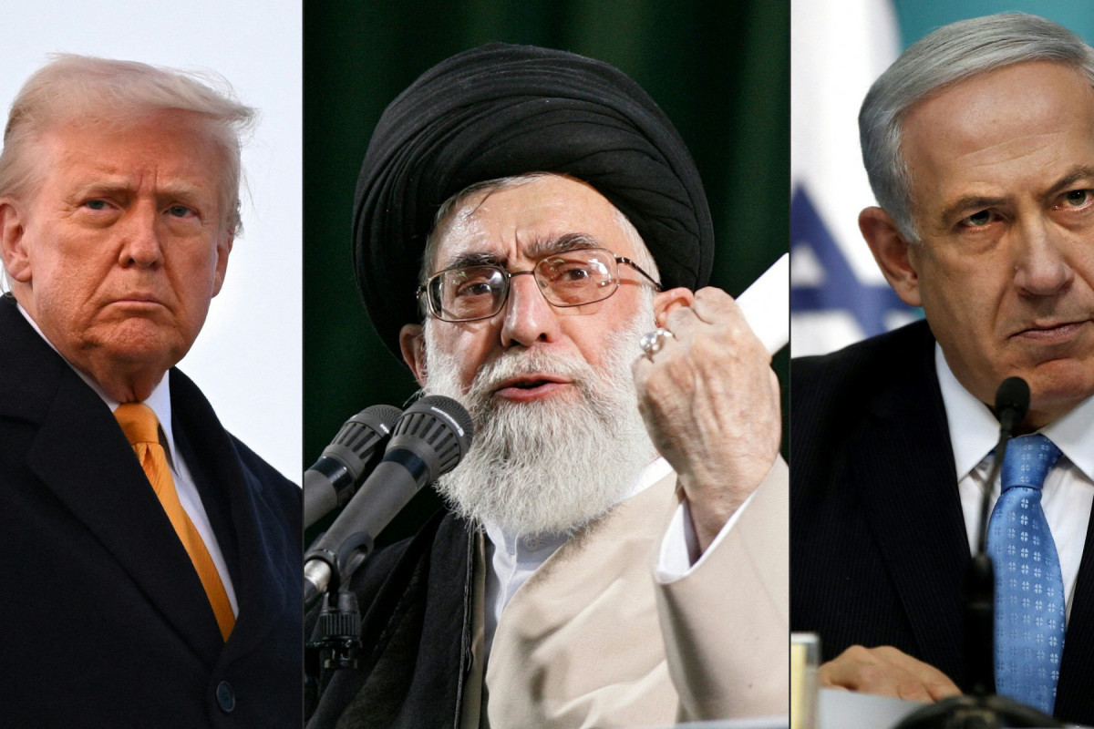 Presidente dos Estados Unidos, Donald Trump; primeiro-ministro de Israel, Benjamin Netanyahu; e líder supremo do Irã, Aiatolá Ali Khamenei