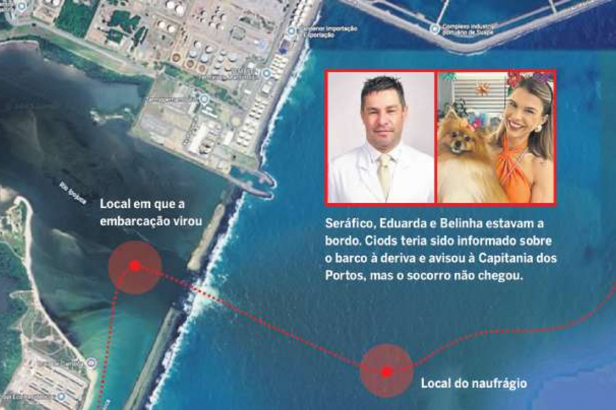 Seráfico, Eduarda e Belinha estavam a bordo. Ciods teria sido informado sobre o barco à deriva e avisou à Capitania dos Portos, mas o socorro não chegou
(Fotos: Redes sociais e Google Maps) Seráfico, Eduarda e Belinha estavam a bordo. Ciods teria sido informado sobre o barco à deriva e avisou à Capitania dos Portos, mas o socorro não chegou
/Fotos: Redes sociais e Google Maps