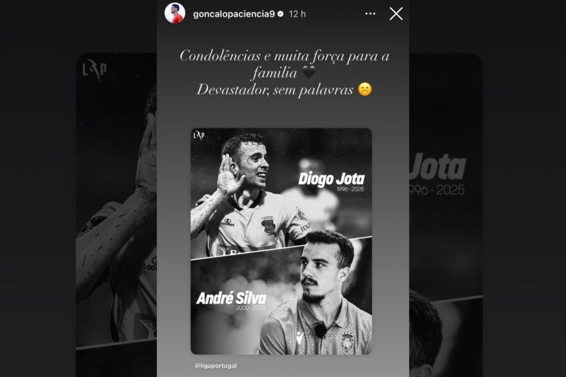 Publicação de Gonçalo Paciência sobre as mortes de Diogo Jota e André Silva
