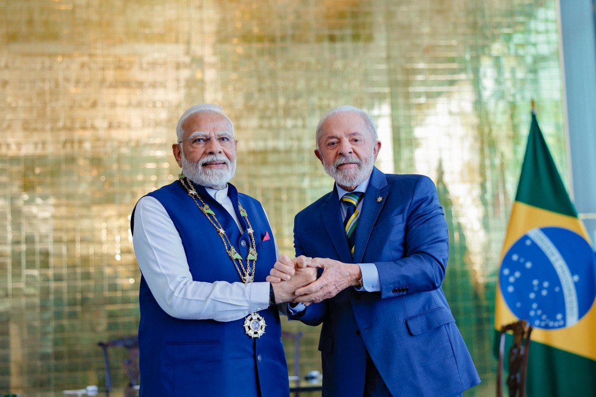 Presidente da República, Luiz Inácio Lula da Silva, durante condecoração do primeiro-ministro da Índia, Narendra Modi, com o Grande Colar da Ordem Nacional do Cruzeiro do Sul, no grau de Grã-Cruz (Ricardo Stuckert / PR) Presidente da República, Luiz Inácio Lula da Silva, durante condecoração do primeiro-ministro da Índia, Narendra Modi, com o Grande Colar da Ordem Nacional do Cruzeiro do Sul, no grau de Grã-Cruz/Ricardo Stuckert / PR
