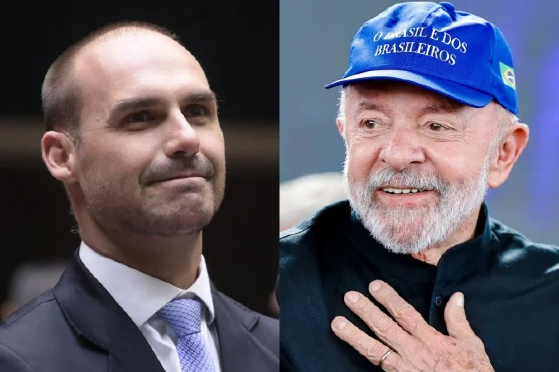 
O deputado licenciado Eduardo Bolsonaro (esq.) tem sido constantemente criticado por Lula (dir.) por sua atuação nos EUA em prol de sanções contra o Brasil desde o anúncio das tarifas de Trump
