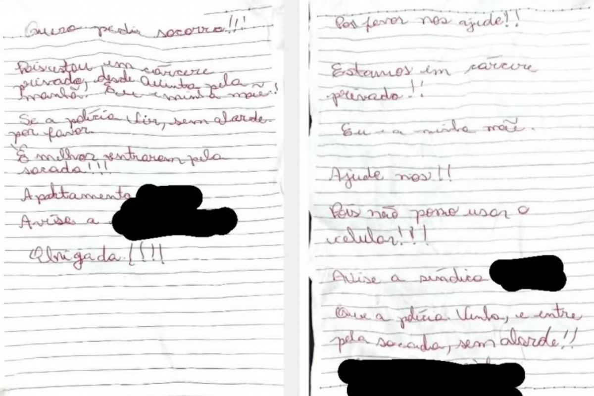Vítimas jogaram bilhetes pela janela do apartamento para pedir ajuda (Divulgação/Polícia Militar PR) Vítimas jogaram bilhetes pela janela do apartamento para pedir ajuda/Divulgação/Polícia Militar PR