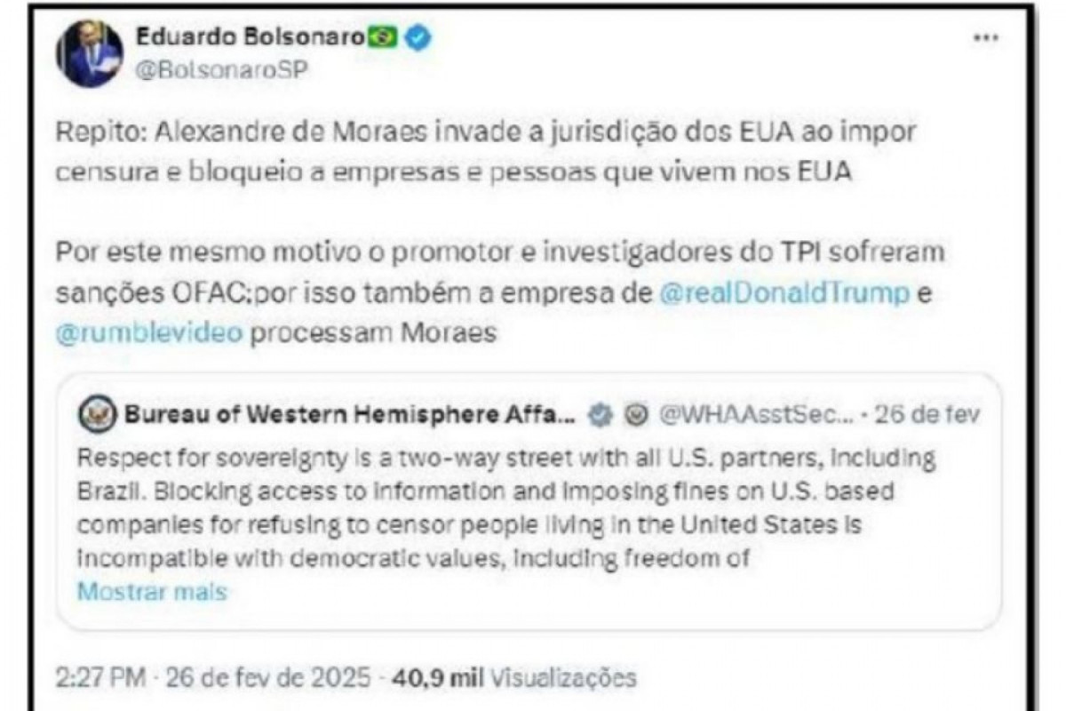 Moraes vê atuação conjunta de Jair e Eduardo Bolsonaro para ameaçar a soberania nacional