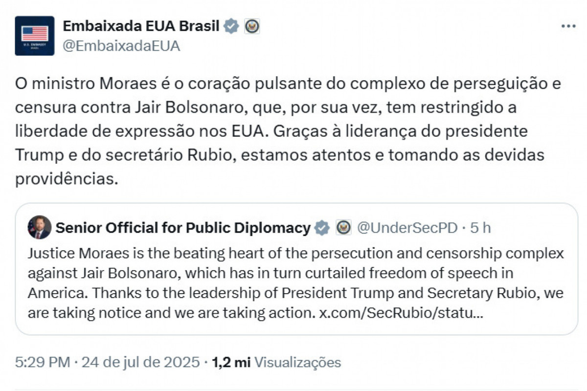 Publicação feita pela Embaixada dos EUA no Brasil (Reprodução/X) Publicação feita pela Embaixada dos EUA no Brasil /Reprodução/X