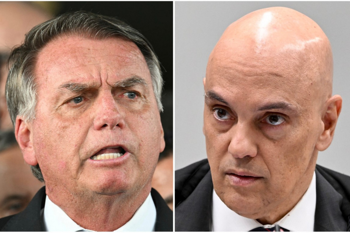 Ministro Alexandre de Moraes (D), do Supremo Tribunal Federal, discursando em uma sessão para analisar as acusações contra supostos parceiros ocultos no assassinato da vereadora do Rio de Janeiro Marielle Franco, em Brasília, em 18 de junho de 2024, e o ex-presidente Jair Bolsonaro falando à imprensa após deixar o Senado Federal em Brasília, em 26 de março de 2025. Em 4 de agosto de 2025, o Juiz Alexandre de Moraes colocou o ex-presidente Jair Bolsonaro em prisão domiciliar por violar uma proibição de uso de redes sociais, intensificando um impasse dramático entre o tribunal e o político de extrema direita acusado de planejar um golpe. (Foto de Evaristo SA / AFP) ( AFP) Ministro Alexandre de Moraes (D), do Supremo Tribunal Federal, discursando em uma sessão para analisar as acusações contra supostos parceiros ocultos no assassinato da vereadora do Rio de Janeiro Marielle Franco, em Brasília, em 18 de junho de 2024, e o ex-presidente Jair Bolsonaro falando à imprensa após deixar o Senado Federal em Brasília, em 26 de março de 2025. Em 4 de agosto de 2025, o Juiz Alexandre de Moraes colocou o ex-presidente Jair Bolsonaro em prisão domiciliar por violar uma proibição de uso de redes sociais, intensificando um impasse dramático entre o tribunal e o político de extrema direita acusado de planejar um golpe. (Foto de Evaristo SA / AFP)/ AFP