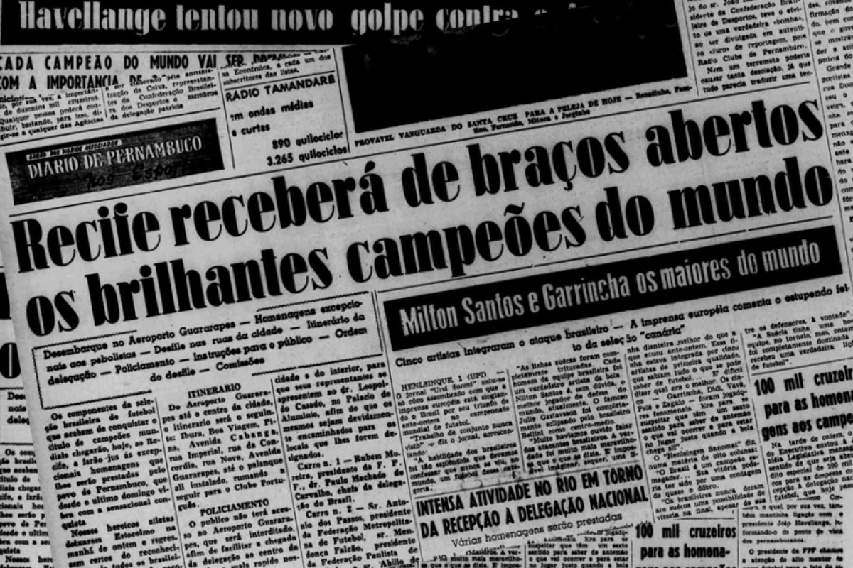 Diario de Pernambuco deu ampla cobertura sobre a chegada da Seleção campeã em 1958 (REPRODUÇÃO/EDIÇÃO DO DP) Diario de Pernambuco deu ampla cobertura sobre a chegada da Seleção campeã em 1958/REPRODUÇÃO/EDIÇÃO DO DP
