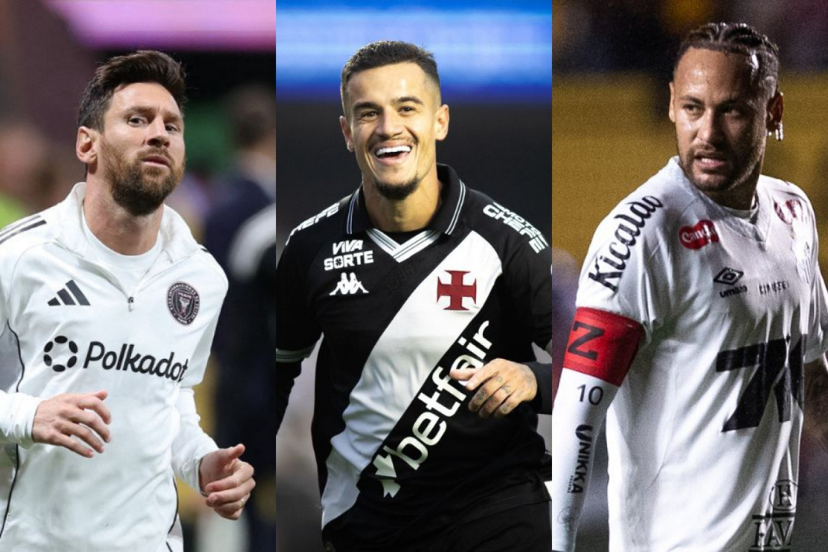 Lionel Messi, atacante do Inter Miami, Philippe Coutinho, meia-atacante do Vasco e Neymar, meia-atacante do Santos (Charly Triballeau / AFP, Matheus Lima/Vasco e Rafael Vieira/DP) Lionel Messi, atacante do Inter Miami, Philippe Coutinho, meia-atacante do Vasco e Neymar, meia-atacante do Santos/Charly Triballeau / AFP, Matheus Lima/Vasco e Rafael Vieira/DP