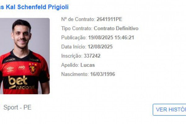 Lucas Kal, volante do Sport, regularizado no Boletim Informativo Diário (BID) da CBF