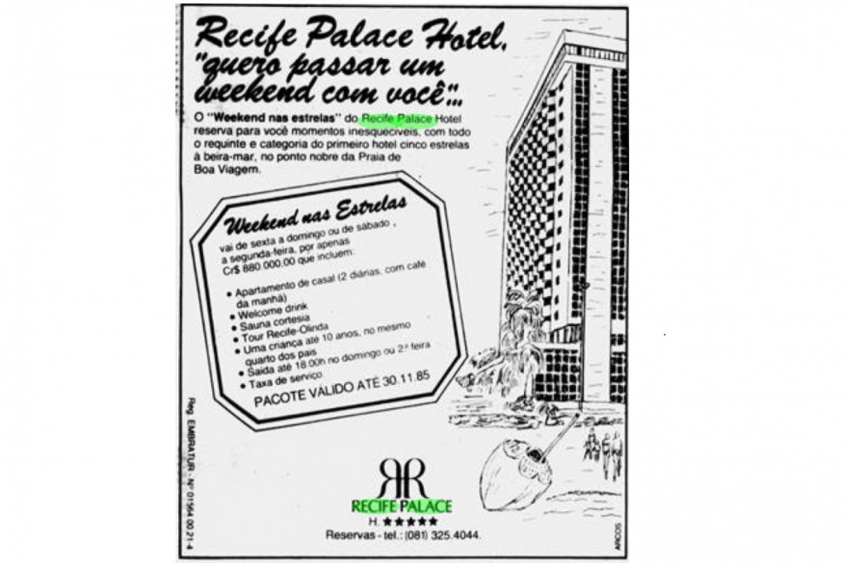 Anúncio do Recife Palace, atual Grande Mercure, em edição do Diario de Pernambuco de 1985. 