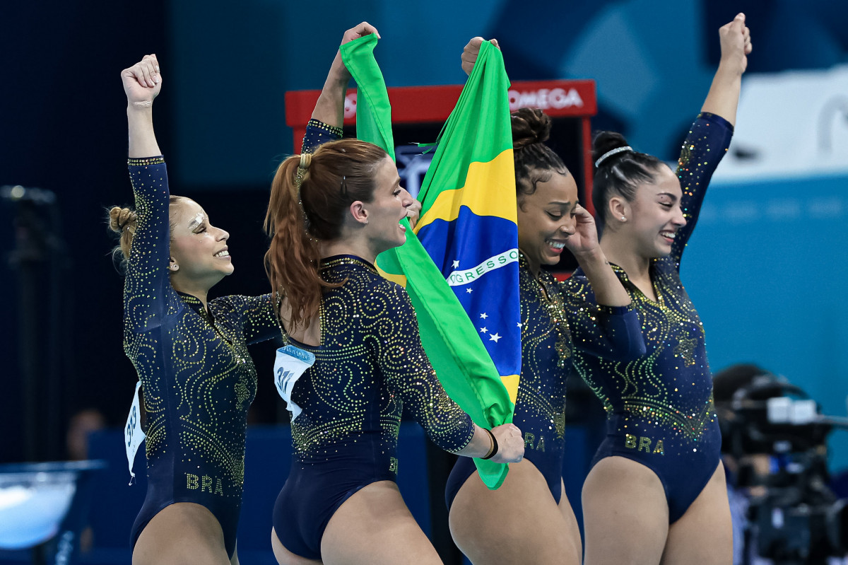 A ginástica brasileira conquistou o inédito bronze por equipes, em Paris 2024 (RICARDO BUFOLIN / Panamerica Press / CBG) A ginástica brasileira conquistou o inédito bronze por equipes, em Paris 2024/RICARDO BUFOLIN / Panamerica Press / CBG