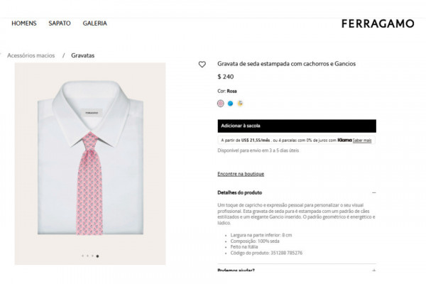 Gravata de Moraes, é da grife italiana Salvatore Ferragamo, e custa 240 euros, cerca de R$ 1527,69. (Reprodução / Ferragamo)