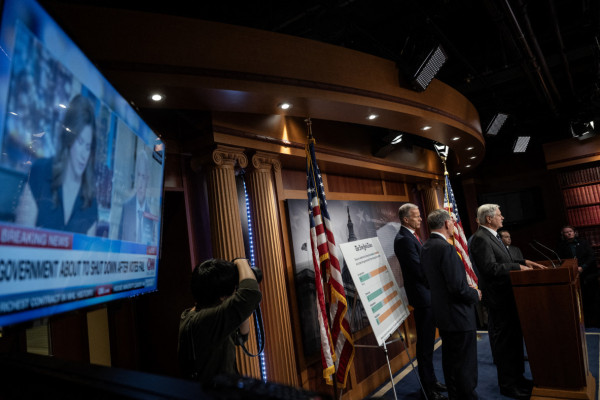  US Senate Republican leaders hold a press conference following a Senate vote on Capitol Hill in Washington, DC, on September 30, 2025, hours before a partial government shutdown is set to take effect. The US government barreled towards its first shutdown in six years Tuesday, with funding expiring at midnight after Democrats fought a war of words with Donald Trump and senators rejected a last-ditch bid to keep the lights on. ( ANDREW CABALLERO-REYNOLDS / AFP)