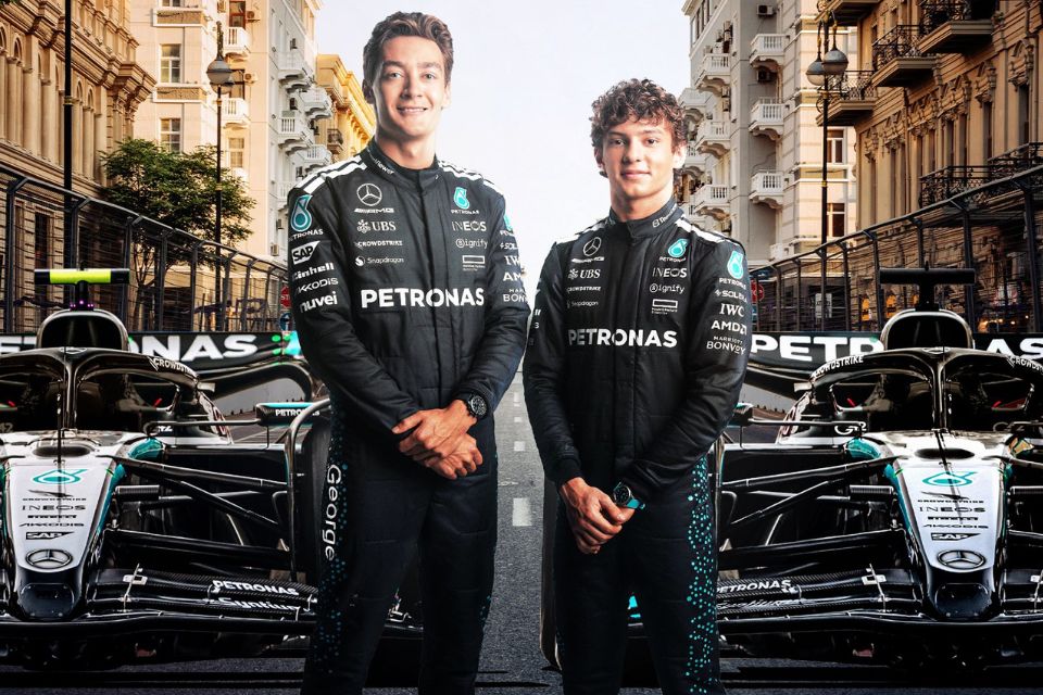 Russell e Antonelli, pilotos da Mercedes (Divulgação/Mercedes) Russell e Antonelli, pilotos da Mercedes/Divulgação/Mercedes