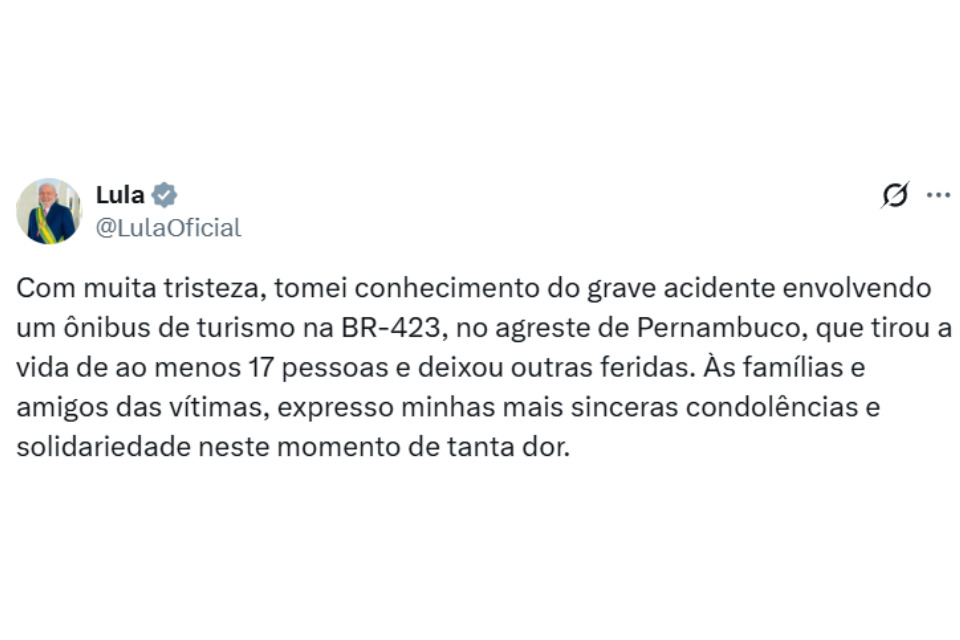 Lula se pronuncia sobre acidente que deixou 17 vítimas no Agreste (Foto: Reprodução/X) Lula se pronuncia sobre acidente que deixou 17 vítimas no Agreste/Foto: Reprodução/X