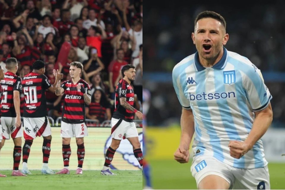 Jogadores do Flamengo e atacante Adrián Martínez, do Racing (Gilvan de Souza / CRF e Divulgação / Racing) Jogadores do Flamengo e atacante Adrián Martínez, do Racing/Gilvan de Souza / CRF e Divulgação / Racing