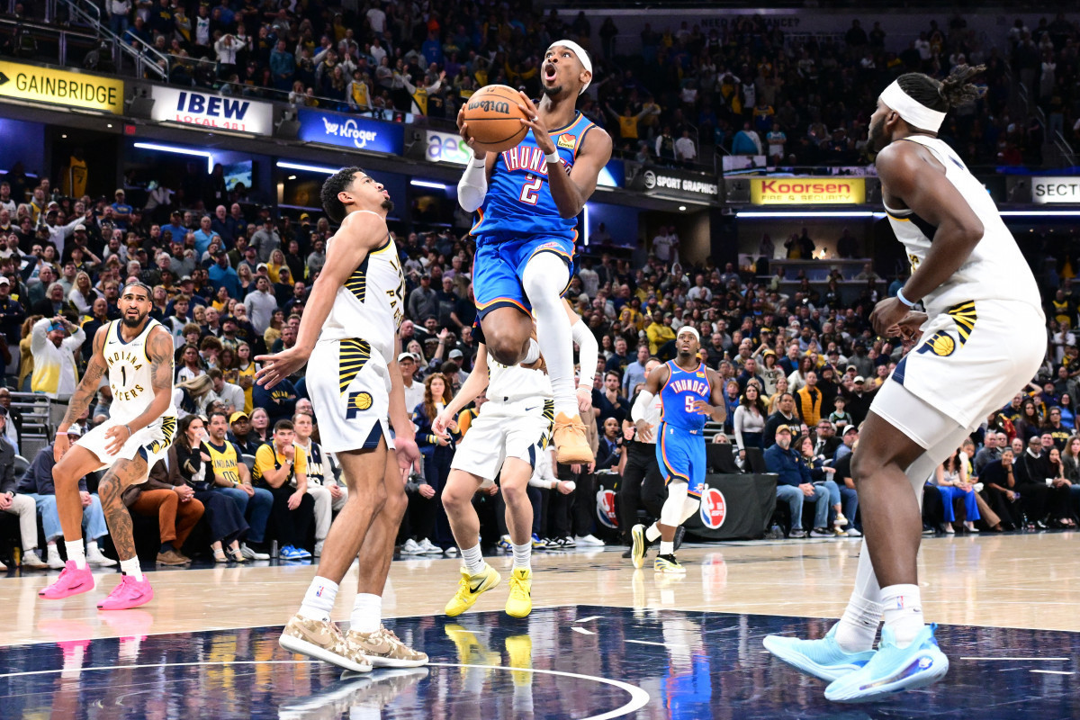 Na reedição da final da NBA de 2024, o Thunder venceu os Pacers por 141 a 135 pontos  ( Adam Hagy/ Getty Images via AFP) Na reedição da final da NBA de 2024, o Thunder venceu os Pacers por 141 a 135 pontos / Adam Hagy/ Getty Images via AFP