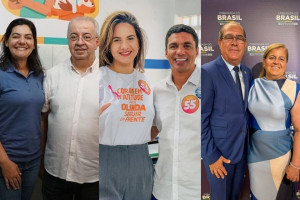 Pré-candidata a deputada estadual Viviane Facundes ao lado do prefeito de Gravatá, Padre Joselito; prefeita de Olinda, Mirella Almeida, com o vereador e pré-candidato Felipe Nascimento; e prefeito de Jaboatão, Mano Medeiros, com a pré-candidata Andrea Medeiros