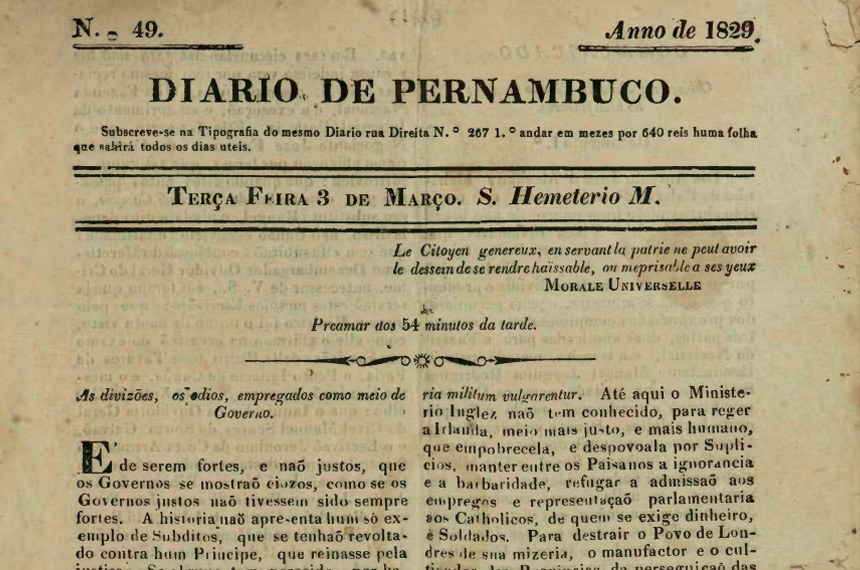 Diario de Pernambuco em 1829/ARQUIVO DP
