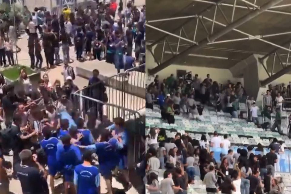 Imagens feitas no local mostram vários alunos se agredindo com socos, chutes e empurrões./Reprodução/X