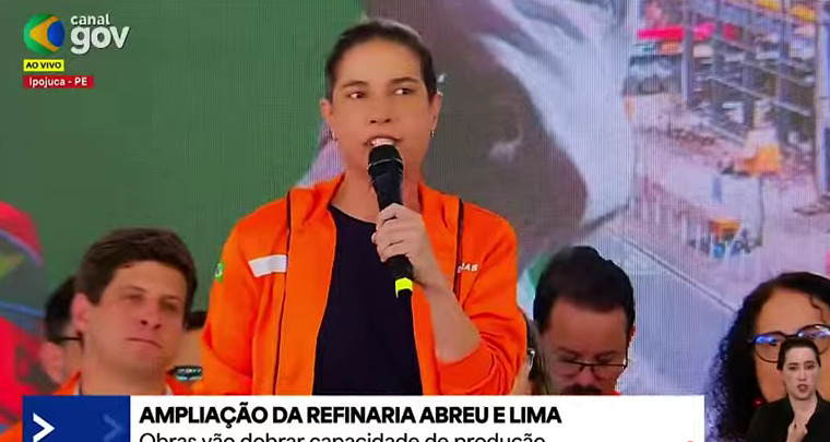 A governadora Raquel Lyra acompanhou o presidente Lula na cerimônia de ampliação da capacidade operacional na Refinaria Abreu e Lima/Foto: Reprodução/Youtube/Lula