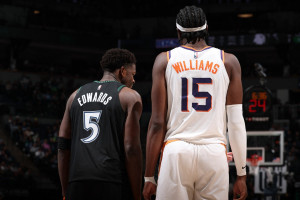 Anthony Edwards e Mark Williams, jogadores do Minnesota Timberwolves e Phoenix Suns, respectivamente