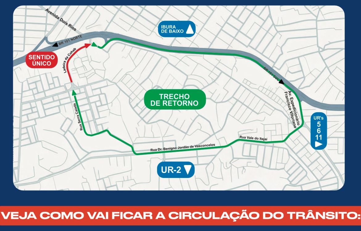 Mapa mostra nova circulação na área da Cohab, na Zona Sul do Recife /Divulgação