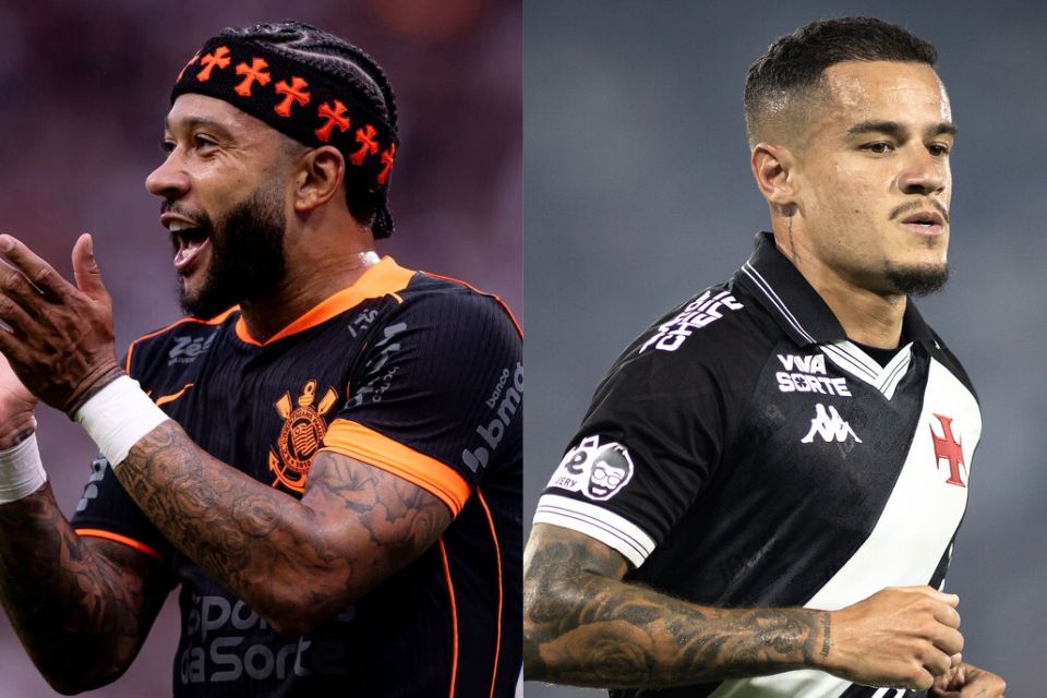 Memphis Depay, atacante do Corinthians, e Philippe Coutinho, meia-atacante do Vasco/Rodrigo Coca/Corinthians e  Matheus Lima/Vasco