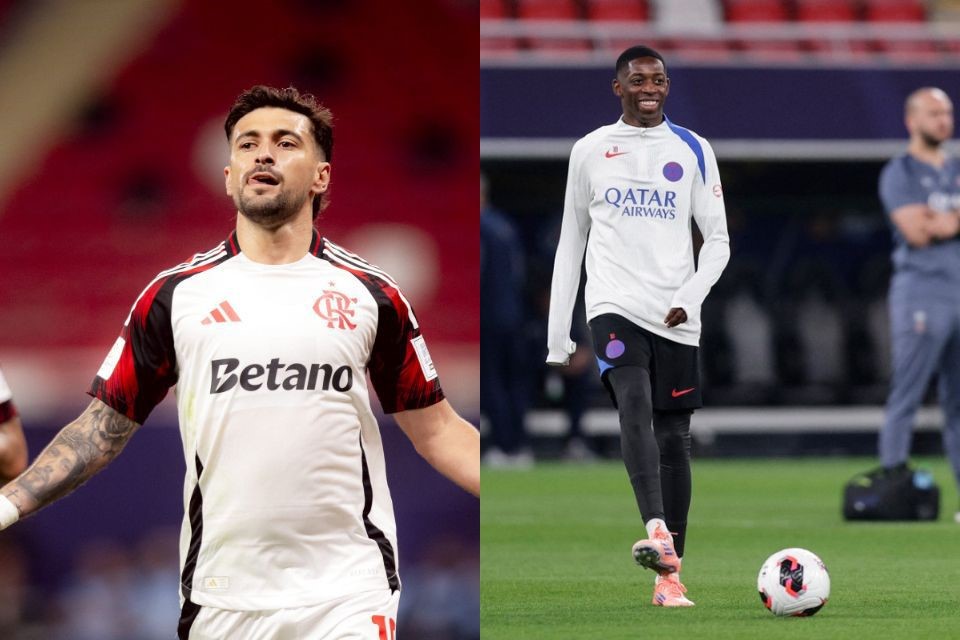 Arrascaeta, jogador do Flamengo, e Dembelé, atacante do PSG/Adriano Fontes/Flamengo e KARIM JAAFAR / AFP