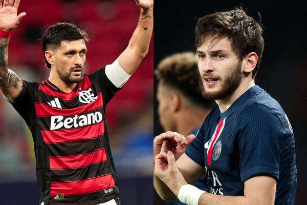 Arrascaeta e Kvaratskhelia devem estar em campo nesta quarta-feira (17). Jogo do Flamengo ao vivo hoje veja onde assistir partida contra o PSG na Final Copa Intercontinental/Fotos: Gilvan de Souza/Flamengo | Divulgação/Champions League