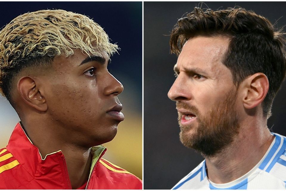 Lamine Yamal, da Espanha, e Lionel Messi, da Argentina/LUIS ROBAYO / AFP