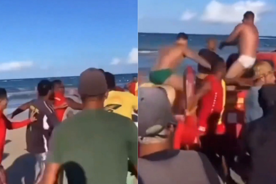 Nas imagens, barraqueiros aparecem cercando os empresários, e desferindo golpes contra eles enquanto um guarda-vidas tenta apartar a confusão/Reprodução/Redes Sociais