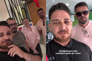 O casal Johnny Andrade e Cleiton Zanatta ao lado de representantes da Associa&ccedil;&atilde;o dos Bares e Restaurantes de Balne&aacute;rio Cambori&uacute;