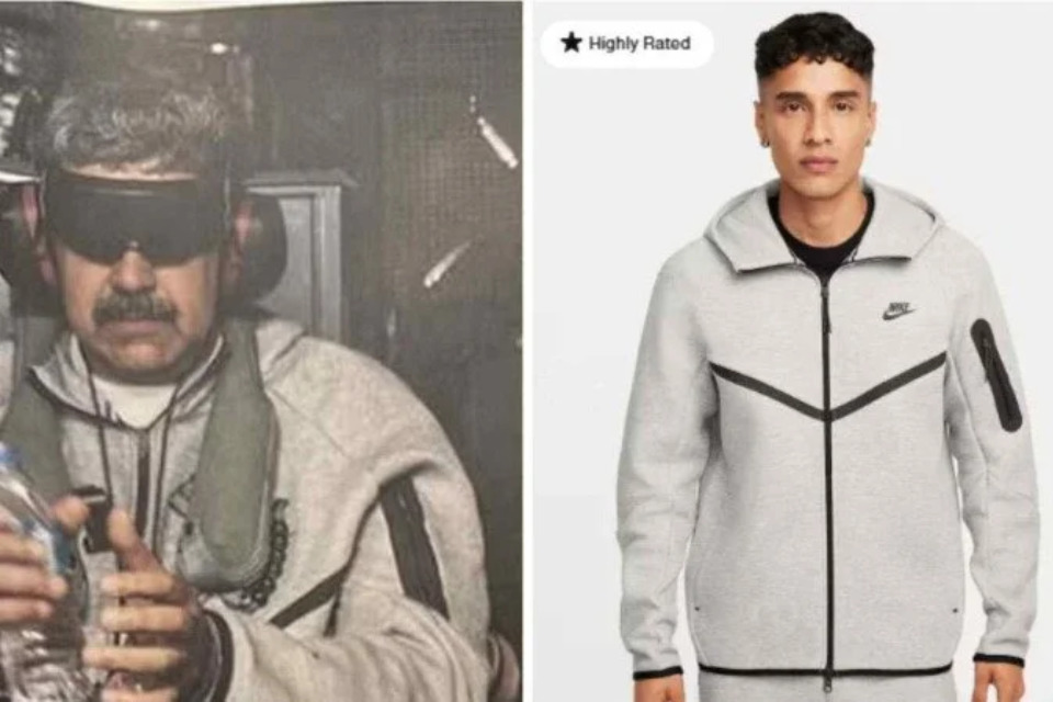 Conjunto esportivo cinza utilizado por Maduro durante a sua captura é avaliado em R$ 1,7 mil teve pico de buscas na internet em várias partes do mundo./Donald Trump / Truth Social / Nike / reprodução.