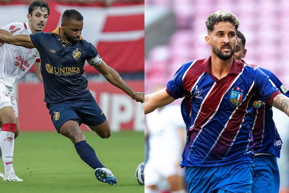 Fernandinho, atacante do Retrô, e Hítalo Rogério, zagueiro do Vitória-PE/Rafael Vieira/ FPF