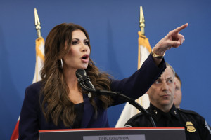  US Secretary of Homeland Security Kristi Noem speaks during a press conference in New York City on January 8, 2026. (Photo by TIMOTHY A.CLARY / AFP)