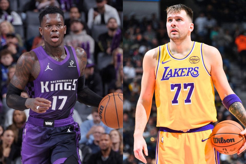 O armador do Sacramento Kings, Dennis Schröder, e o ala-armador do Los Angeles Lakers, Luka Don?i?
/ROCKY WIDNER e MICHAEL GONZALES / NBAE / GETTY IMAGES / GETTY IMAGES VIA AFP