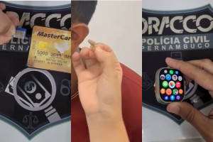 Um cart&atilde;o de cr&eacute;dito com chip, o ponto eletr&ocirc;nico e o smartwatch usado para fraudar o certame de Paulista