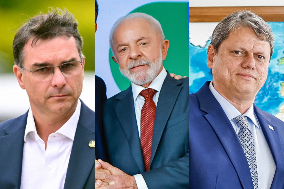 O senador Flávio Bolsonaro, o presidente Lula e governador Tarcísio de Freitas aparecem disputando as eleições presidenciais em 2026 no último levantamento Genial/Quaest/Fotos: AFP e Ricardo Stuckert/PR 