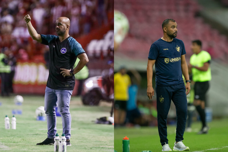 Sued Lima, técnico do Maguary e Jamesso Andrade, técnico do Retrô/Divulgação/FPF e Rafael Melo/FPF 