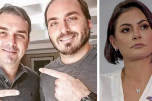 Fl&aacute;vio e Carlos Bolsonaro e a ex-primeira dama, Michelle Bolsonaro