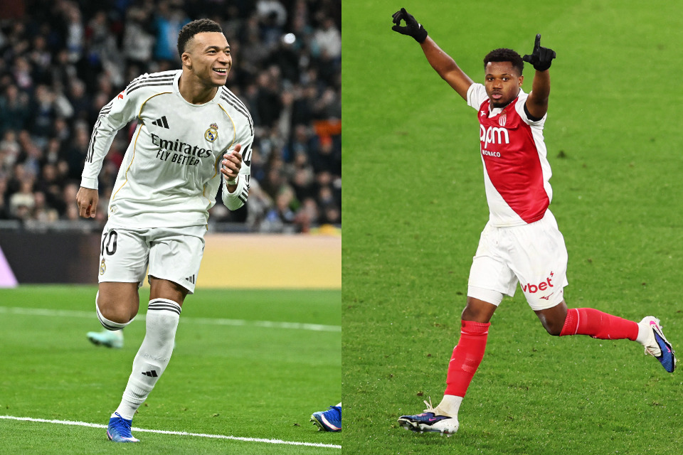  Kylian Mbappe, camisa 10 do Real Madrid e Ansu Fati, atacante do Monaco/ Javier Soriano/AFP e Valery Hache/ AFP