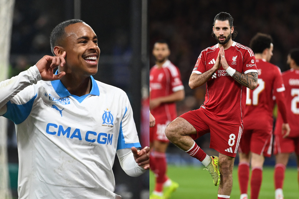 Igor Paixão, atacante do Olympique e Szoboszlai, meio-campista do Liverpool/JEAN-FRANCOIS MONIER / AFP e PETER POWELL / AFP