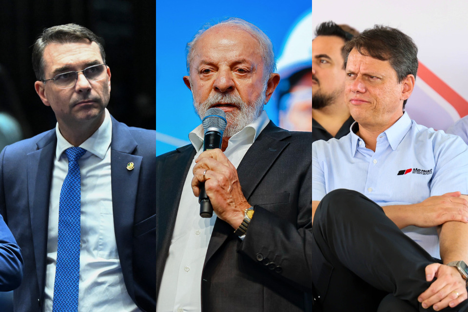  Senador Flávio Bolsonaro, presidente Luiz Inácio Lula da Silva e governador de São Paulo, Tarcísio Freitas, aparecem em projeções na pesquisa AtlasIntel para as eleições presidenciais de 2026 /Fotos: CELIO MESSIAS / GOVERNO DE SP, Carlos Moura/Agência Senado e Ricardo Stuckert/PR