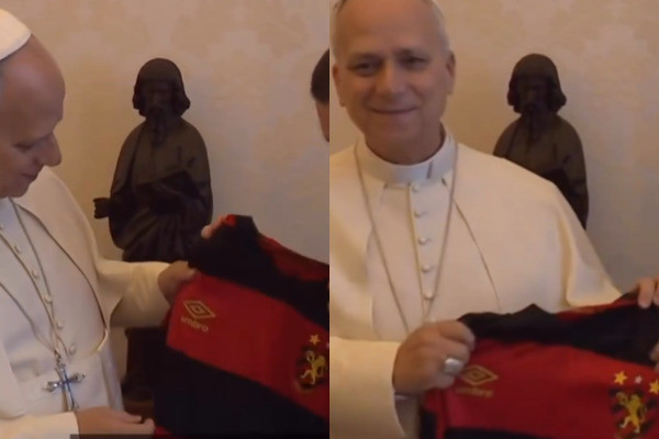 Papa Le&atilde;o 14 &eacute; presenteado com camisa do Sport. 