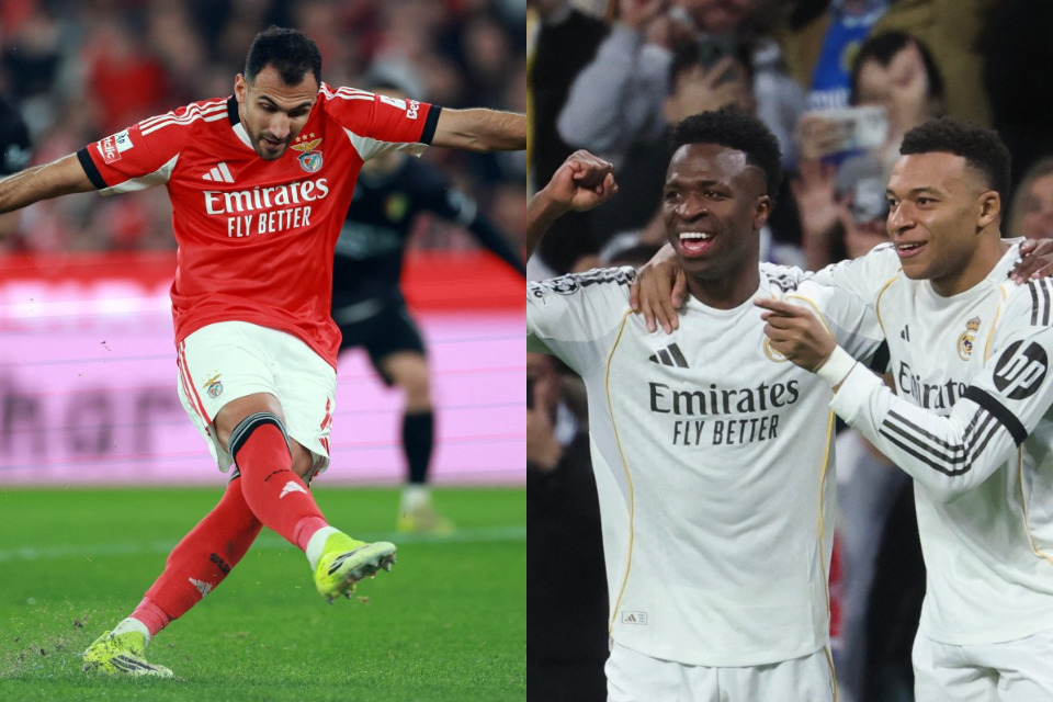 Pavlidis, Vini Jr e Mbappe são os principais nomes para o confronto entre Benfica e Real Madrid/PATRICIA DE MELO MOREIRA / AFP e PIERRE-PHILIPPE MARCOU / AFP