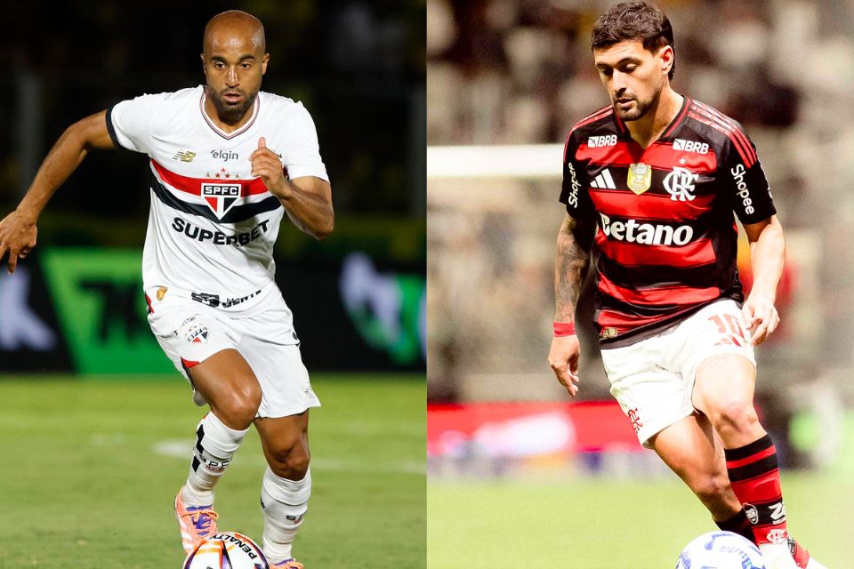 Lucas Moura, atacante do São Paulo, e Giorgian de Arrascaeta, meio-campista do Flamengo/Rubens Chiri/São Paulo FC e Adriano Fontes/Flamengo